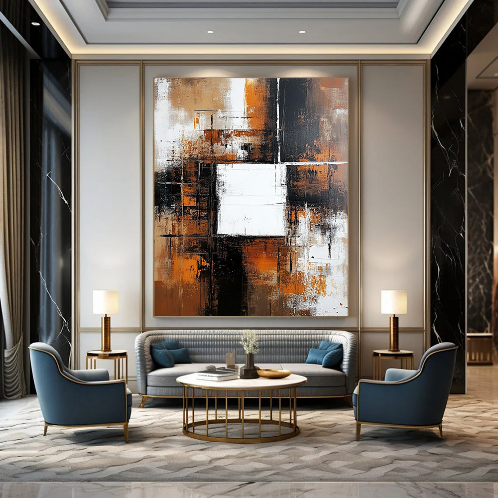 Contemporary hand-painted abstract artwork features a brown and white background with color blocks, a central white square, dark orange accents, and neutral tones. DLZ0701