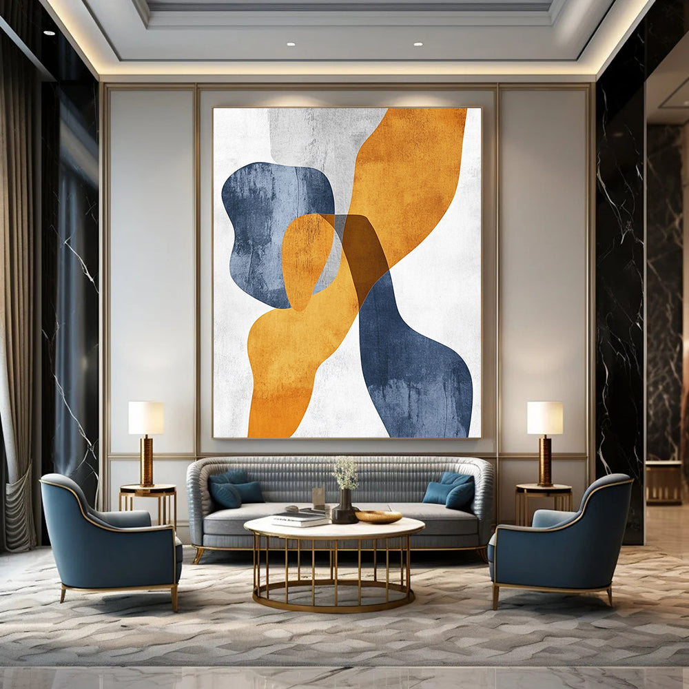 Contemporary hand-painted abstract art featuring organic shapes in mustard yellow and bluish-grey with touches of burnt orange on textured paper. DLZ0501