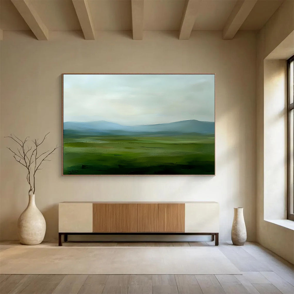 “Soft Green Landscape” - Green, Blue, Gray, Hazy Fields and Mountains - Minimalist Oil Painting HB1701