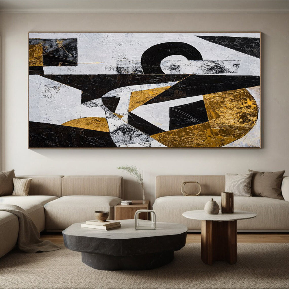 Black, White, Gold and Gray Geometric Abstraction "Dynamic Geometry" Painting On Canvas HB376