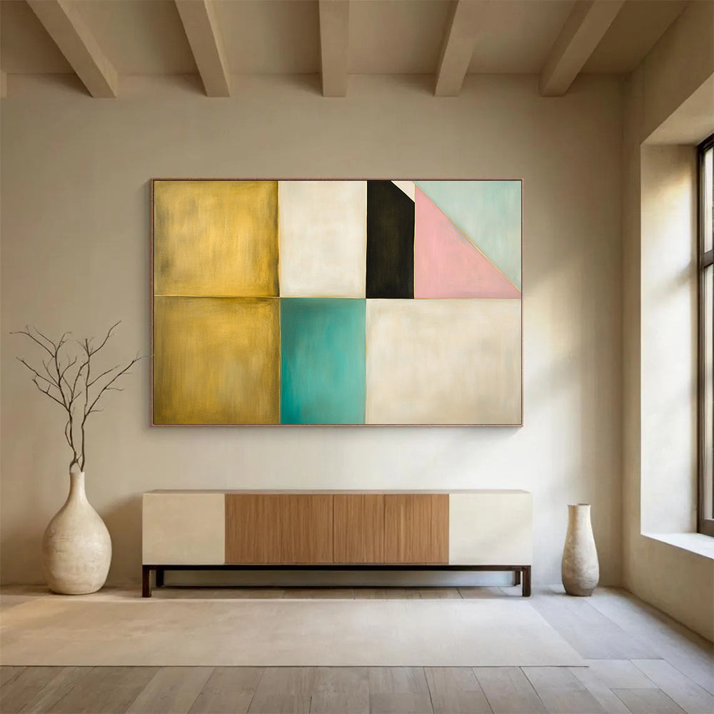 “Color - Blocked Harmony” - Gold, Teal, Pink, Geometric Blocks - Minimalist Acrylic Painting HB1528