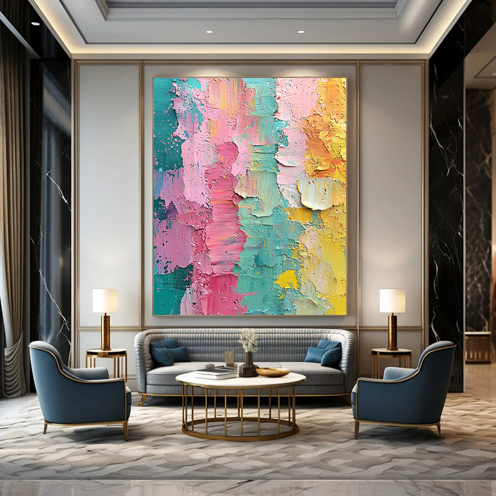 Contemporary hand-painted abstract artwork featuring vibrant pink green yellow and teal layers with textured brushstrokes and the word blessed at its center. DLZ1248