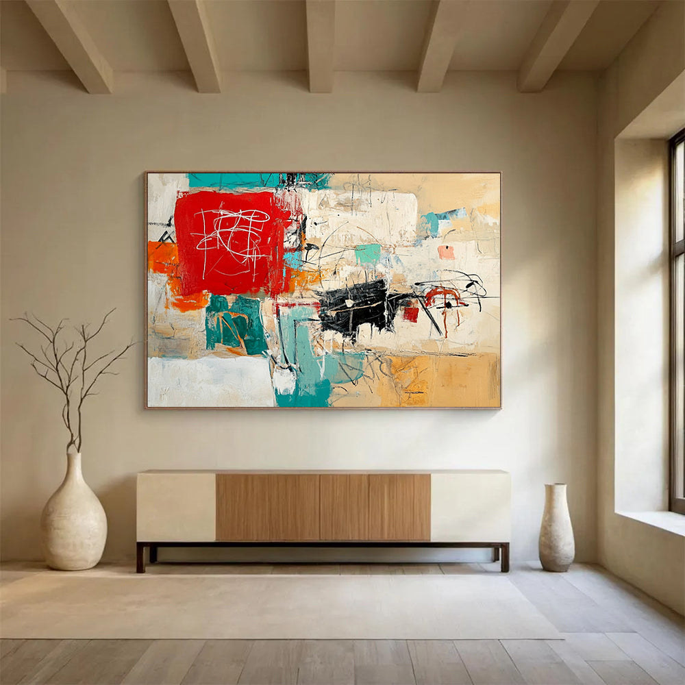 “Colorful Chaos” - Red, Teal, Orange, Expressive Marks - Abstract Expressionist Acrylic Painting HB1540
