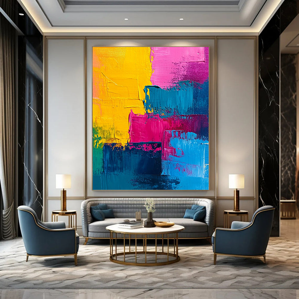 Contemporary abstract painting features vibrant pink blue yellow and teal acrylic swirls creating a dynamic and energetic visual experience. DLZ0811