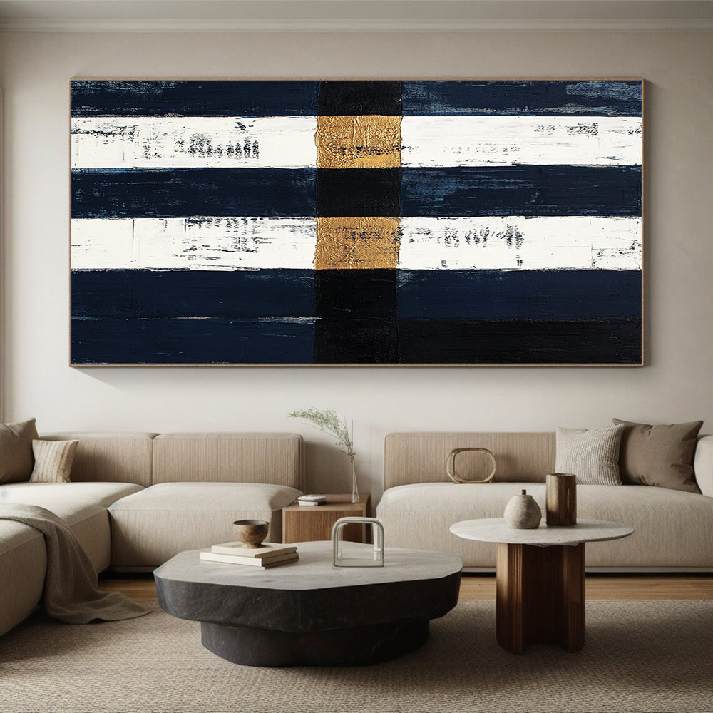 Navy, White, Gold, Black, Vertical Stripes "Nautical Gilded Stripes" Abstract Coastal - Inspired Painting On Canvas HB153
