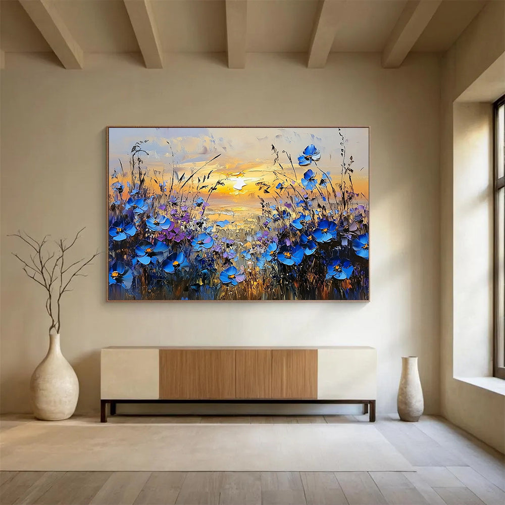 “Blue Flowers at Sunset Landscape” - Blue, Purple, Yellow, Floral Sunset Scene Painting On Canvas HB0846