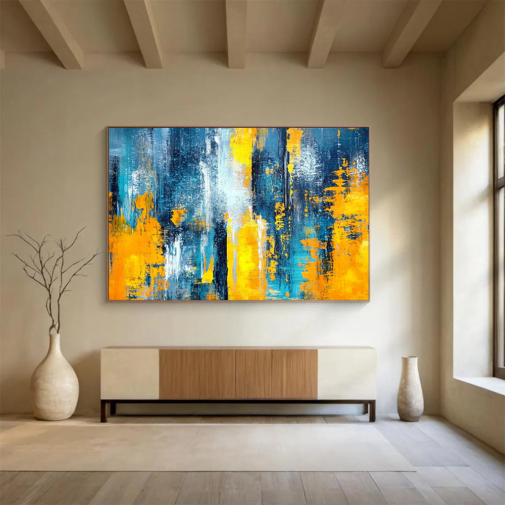 “Blue and Yellow Abstract Strokes” - Blue, Yellow, Bold Brushstrokes Painting On Canvas HB0869