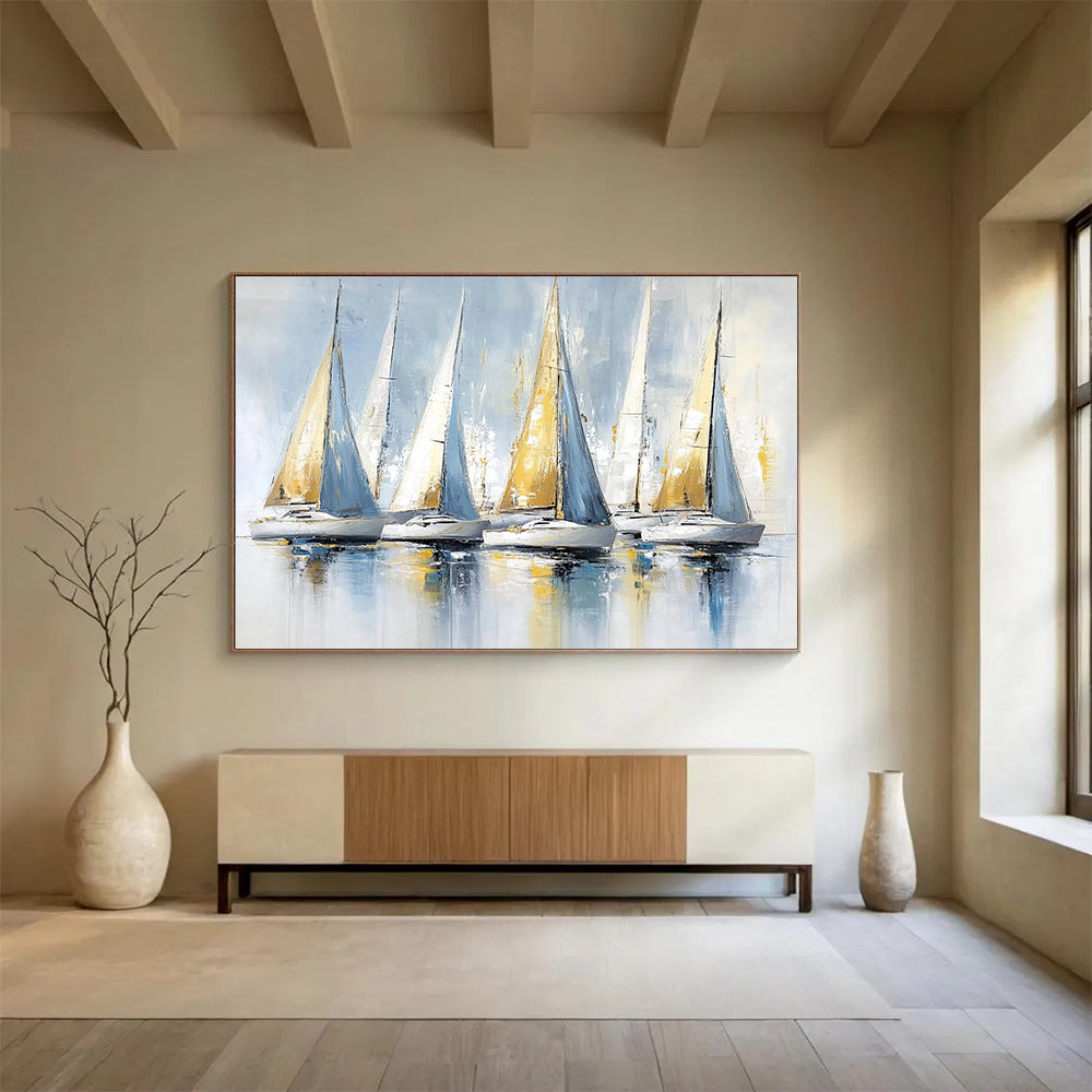 “Blue and Gold Sailboats” - Light Blues, Golds, Whites, Sailboats on Reflective Water - Impasto Oil Painting HB1734