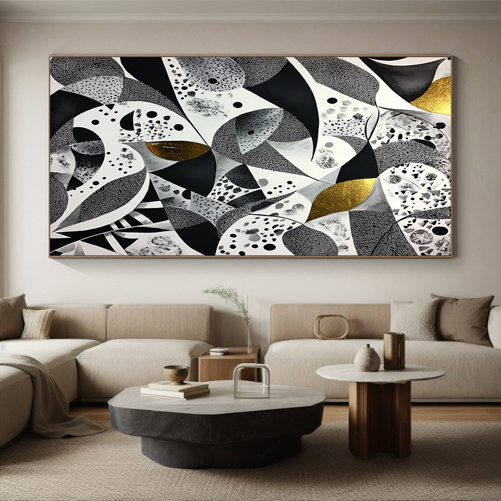 Black, White, Gray and Gold Abstract Patterns "Opulent Mosaic" Painting On Canvas HB332