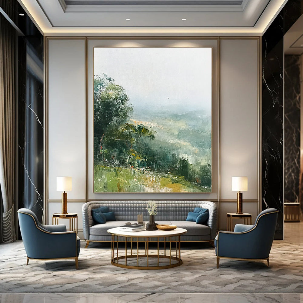 Contemporary abstract painting featuring tranquil green hills and soft mist in muted tones inspired by Richard Schmid artistry. DLZ0485