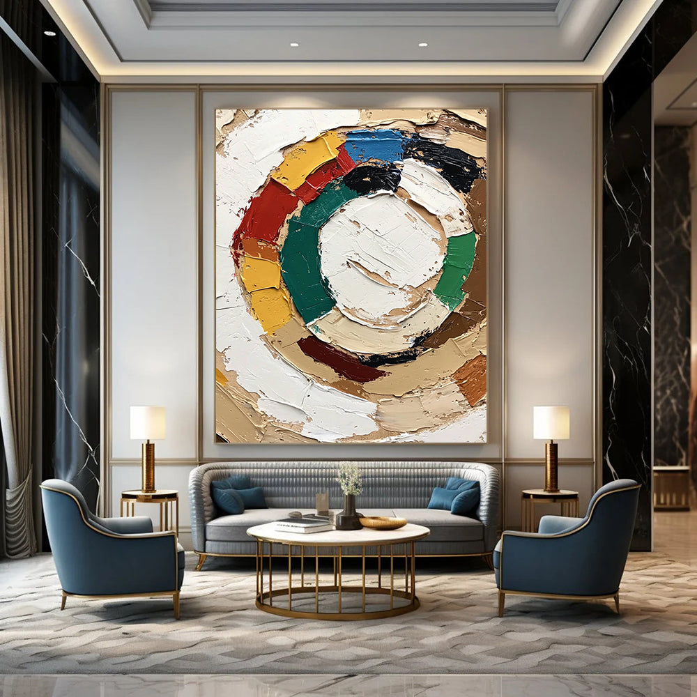 Contemporary abstract painting featuring the Olympic symbol with textured strokes and vibrant accents conveying a joyful expression in neutral colors. DLZ0654