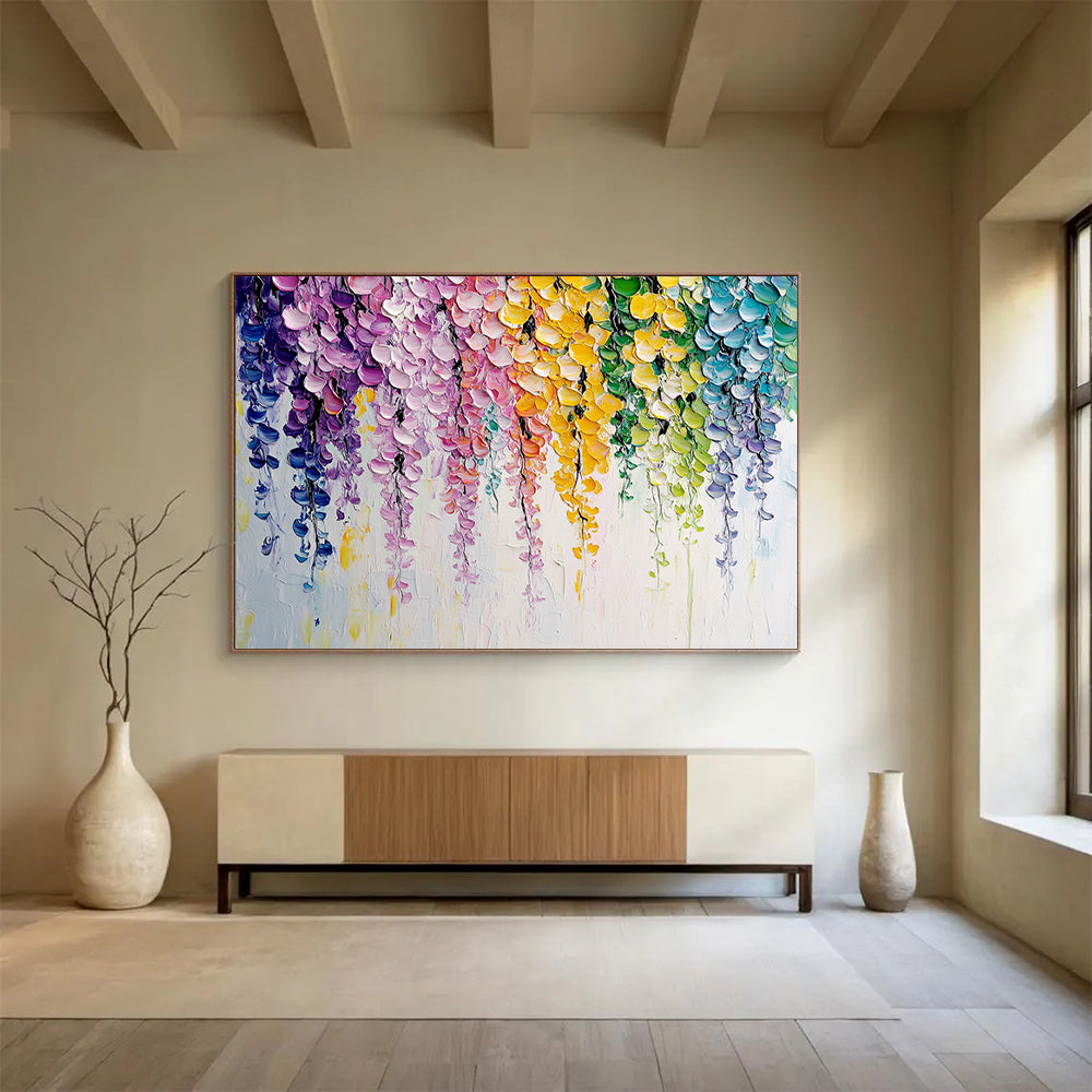 “Colorful Cascading Blooms” - Bright purples, pinks, yellows, greens, blues; Dripping flower blossoms; Impasto Floral Painting On Canvas HB1163