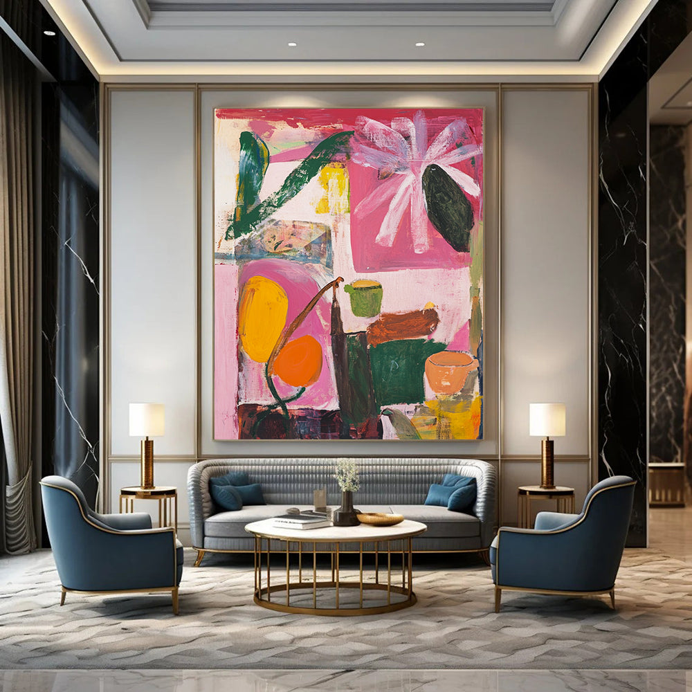 Contemporary abstract art features floral shapes in pink green and yellow against a light red background with a window and muted brown edges. DLZ0989