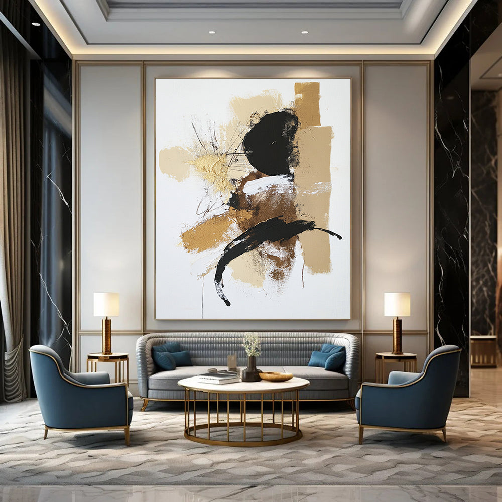 Contemporary abstract painting features a white background with a beige and black palette accented in gold utilizing dry brush technique and textured strokes. DLZ0432