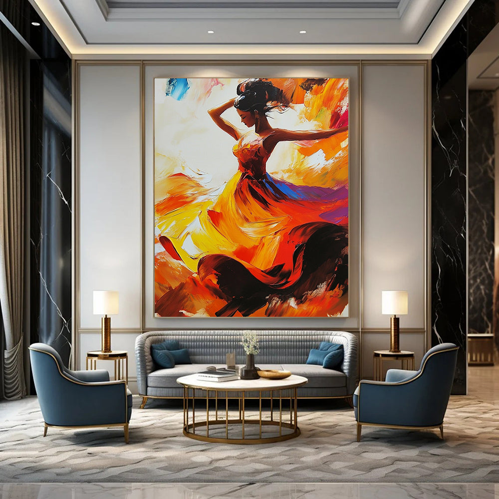 Contemporary abstract painting featuring a flamenco dancer in dynamic motion with a vibrant dress in red yellow and orange shades. DLZ1676