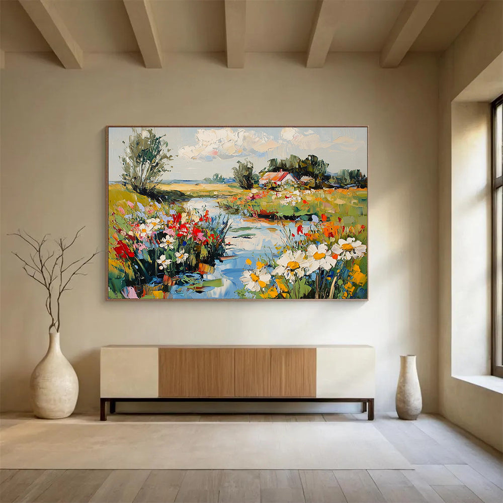 Charming Countryside Stream with Flowers - Idyllic Landscape Painting On Canvas HB0453