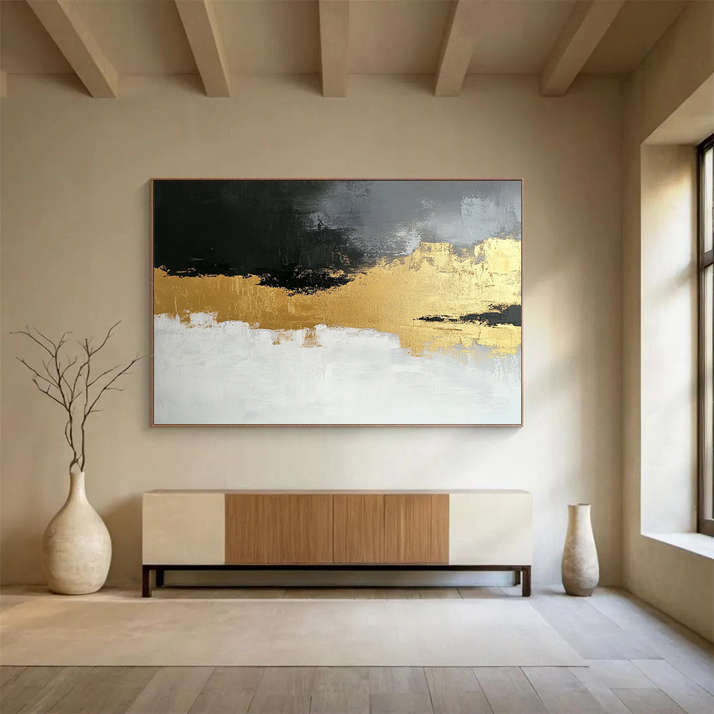 “Gold - Gray Abstract Fusion” - Gold, Gray, Textured Swirls Painting On Canvas HB0806