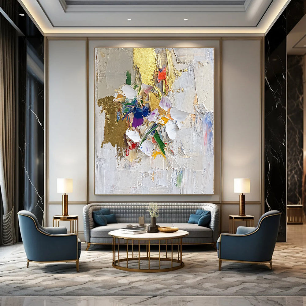 Contemporary abstract art featuring textured brushstrokes gold leaf accents floral motifs on a white backdrop with a collage-style composition. DLZ0635