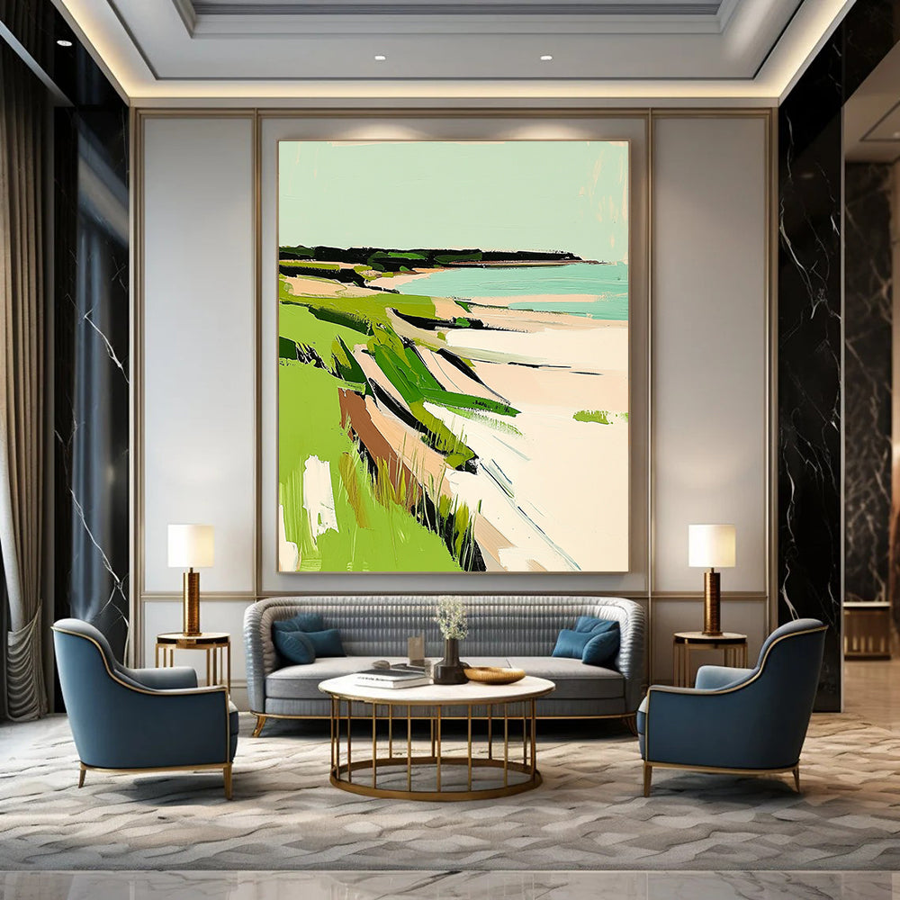 Contemporary abstract painting featuring New England coast with vibrant green grasses and serene white sandy beaches. Perfect for any modern space. DLZ0652