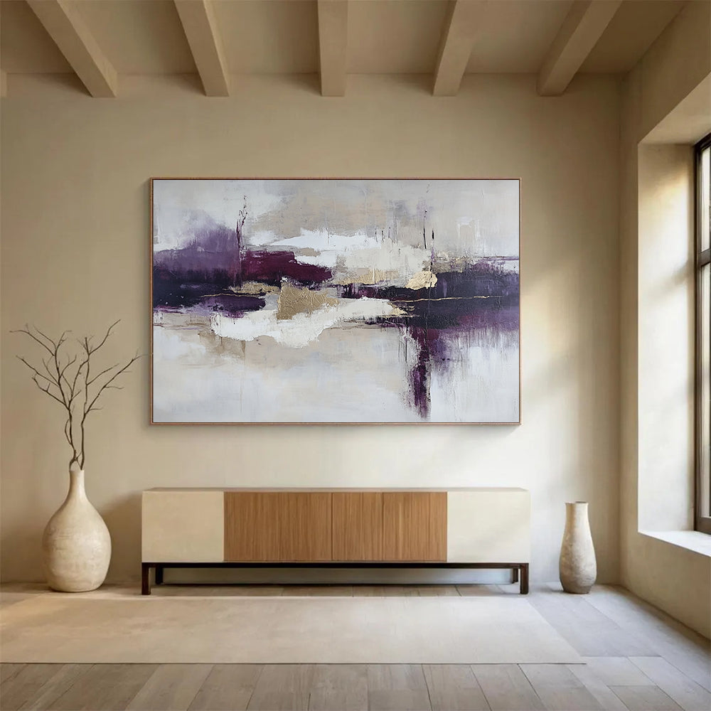 “Elegant Purple Abstract” - Purple, Gold, White, Textured Abstract Shapes Painting On Canvas HB0953
