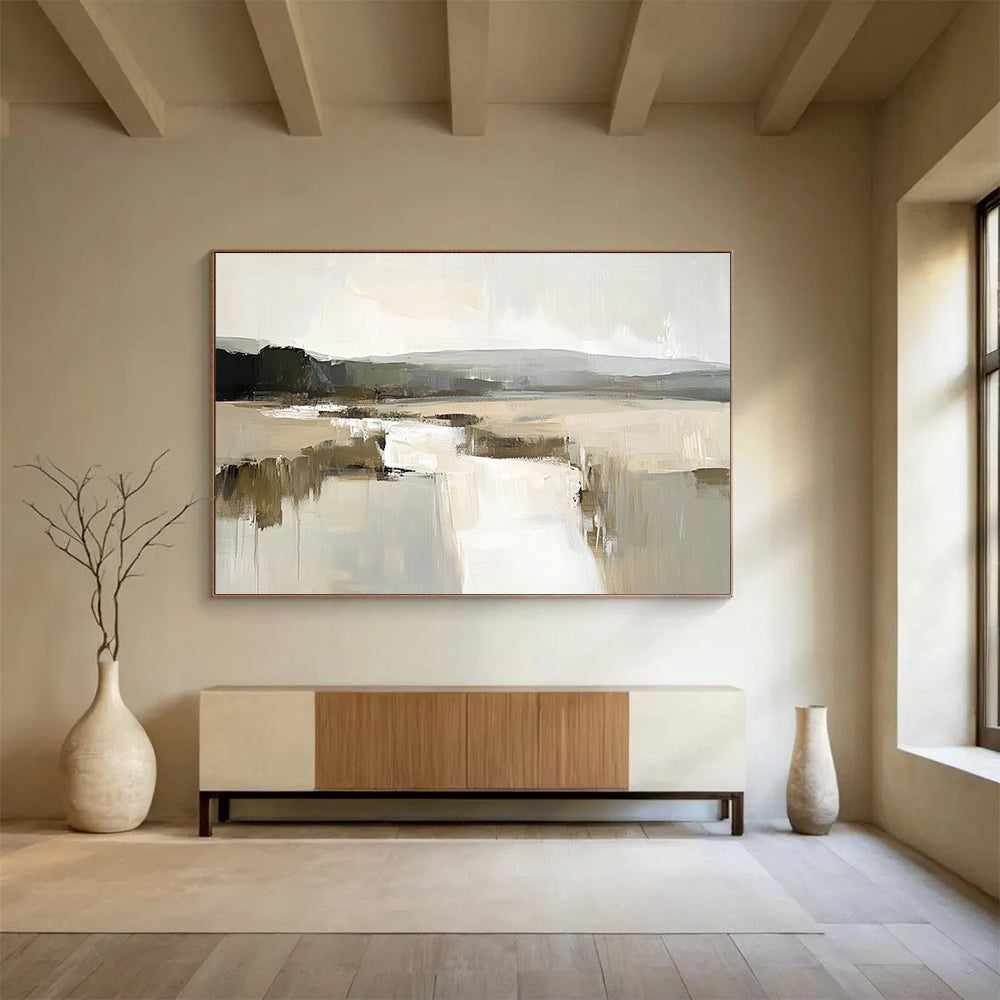 “Minimalist Lake Landscape Abstract” - Beige, Gray, White with Lake Forms - Painting On Canvas HB1402