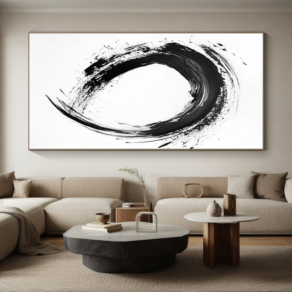 Black Textured Circular Ink - “Smooth Enso Flow” Painting On Canvas HB233