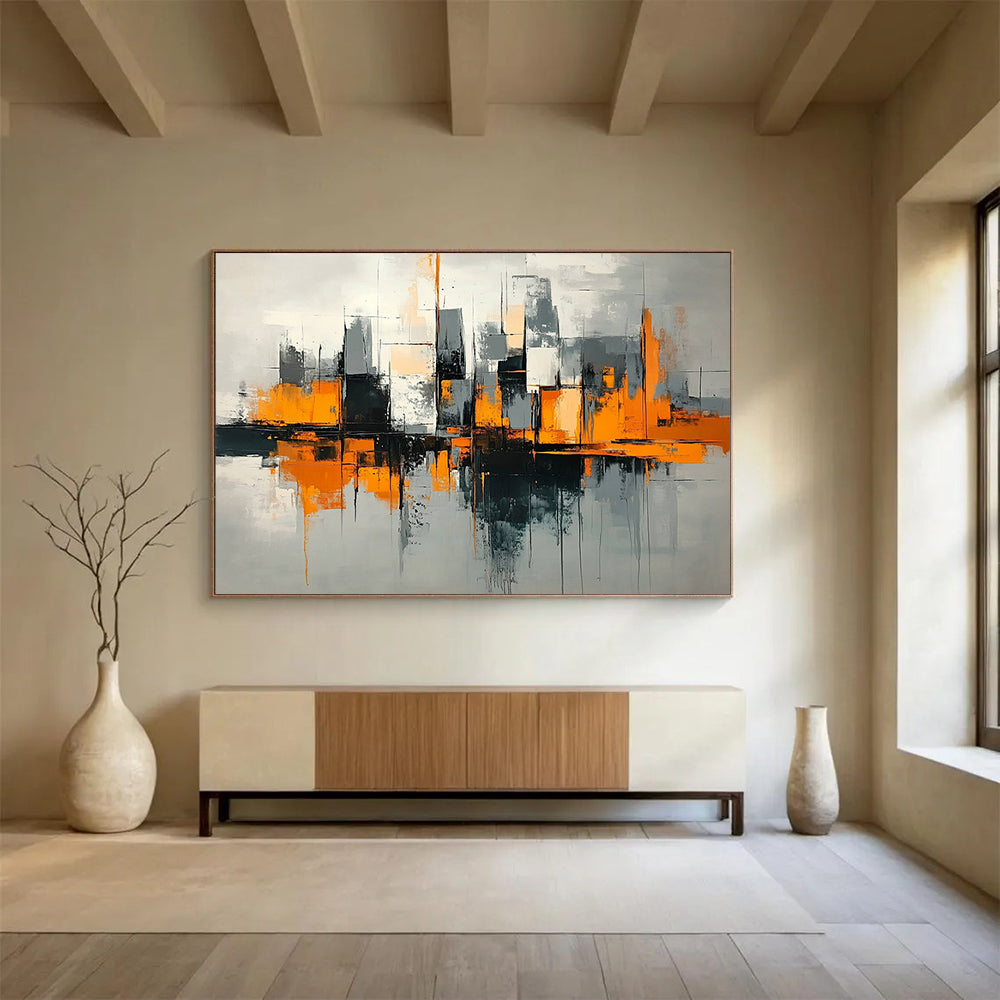 “Urban Geometry in Orange” - Orange, Gray, Black, Abstract Cubist Cityscape Painting On Canvas HB1079