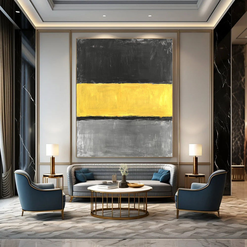 Large contemporary hand-painted abstract artwork featuring a striking yellow stripe on a grey background in minimalist oil expression. DLZ1390