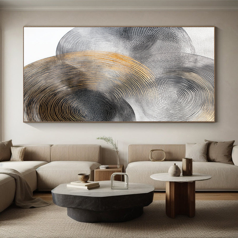 Gray, Silver, Black and Gold Abstract Circles "Celestial Rhythms" Painting On Canvas HB379