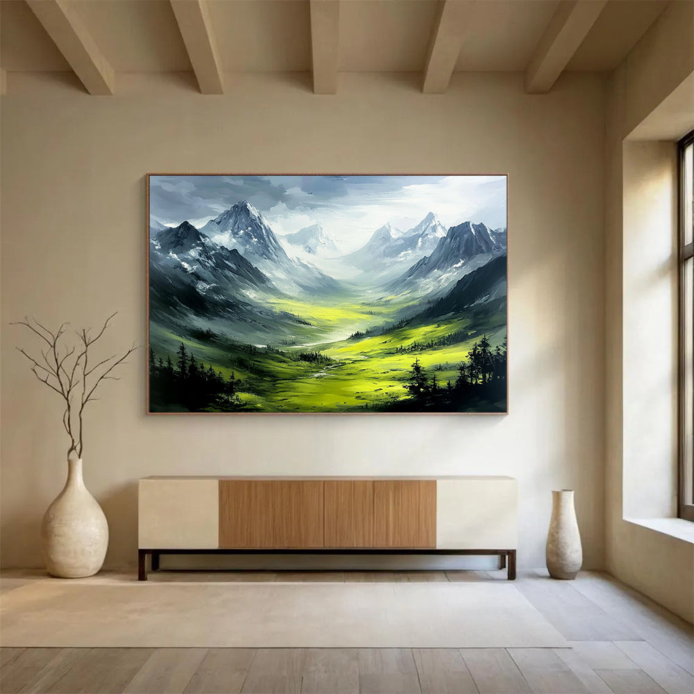 “Mountain Valley Dream” - Green, gray, mountain valley, Landscape Painting On Canvas HB0561