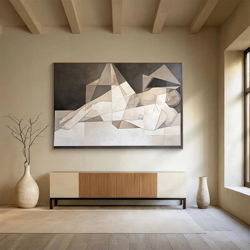 “Geometric Reclining Figure” - Neutral tones, angular shapes, Cubist - Inspired Painting On Canvas HB0570