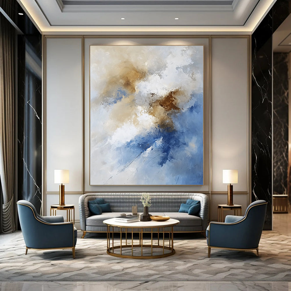 Large contemporary hand-painted abstract artwork featuring fluid lines and soft edges with tranquil beige and brown clouds creating an ethereal atmosphere. DLZ0325