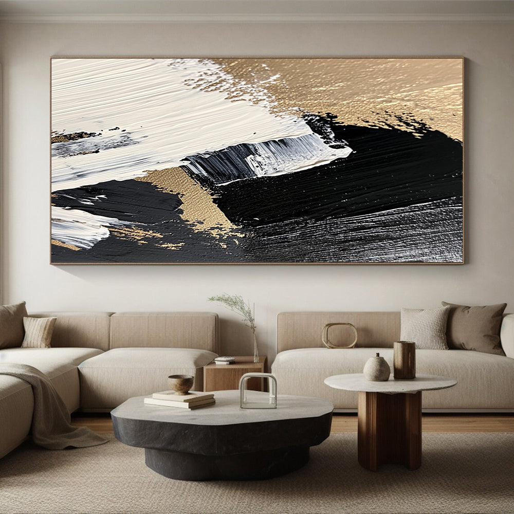 Black, White, Gold, Brush Strokes "Gilded Impasto Energy" Abstract Expressionist Painting On Canvas HB167