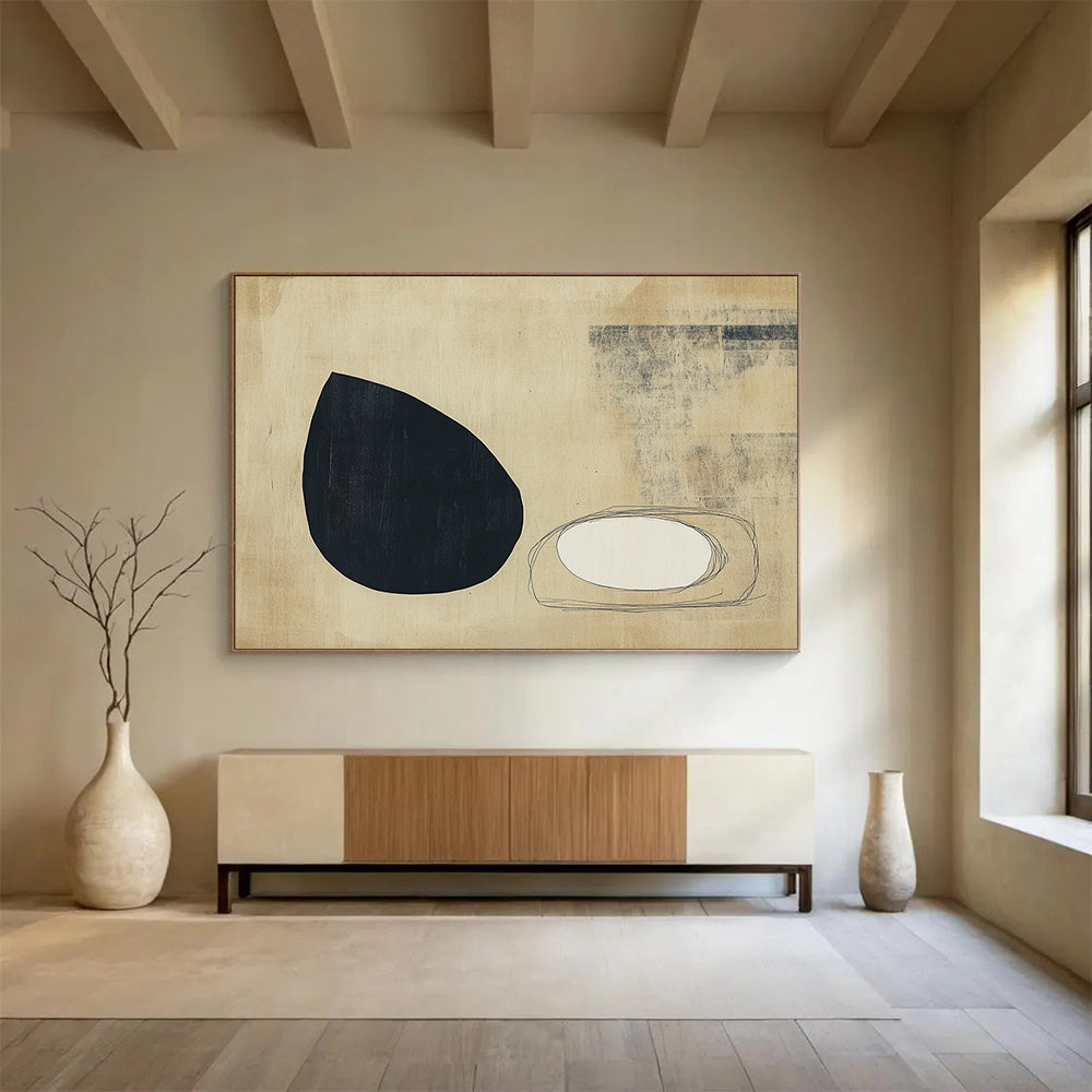 “Minimalist Shapes” - Black, White, Beige, Minimalist Abstract Painting On Canvas HB0709