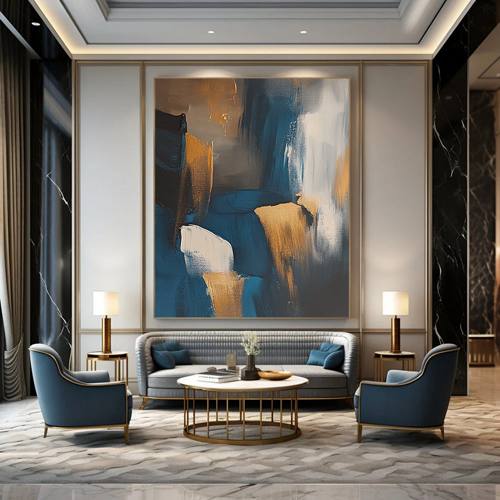 Contemporary abstract art depicting the Irish coast featuring dark blue and gold tones with expressive brush strokes and muted colors. DLZ1002
