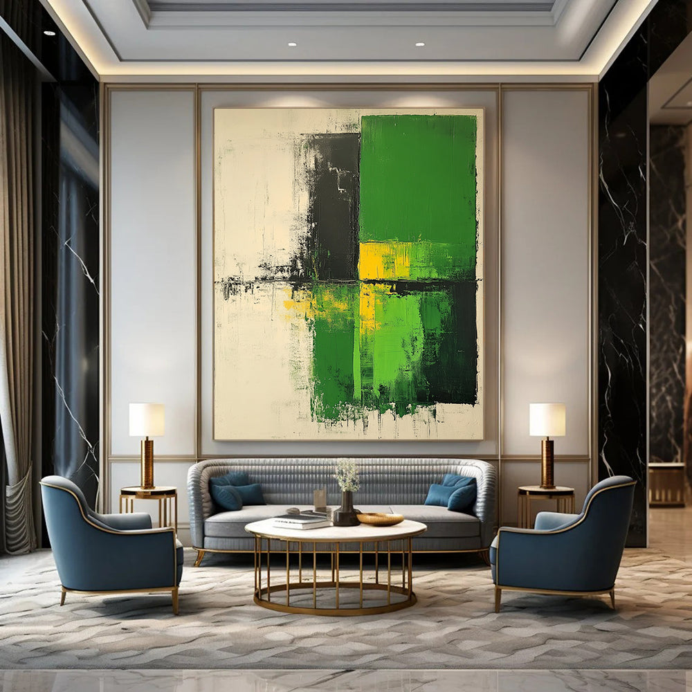 Contemporary large hand-painted abstract artwork in shades of green and white with neutral tones on textured canvas. DLZ0553