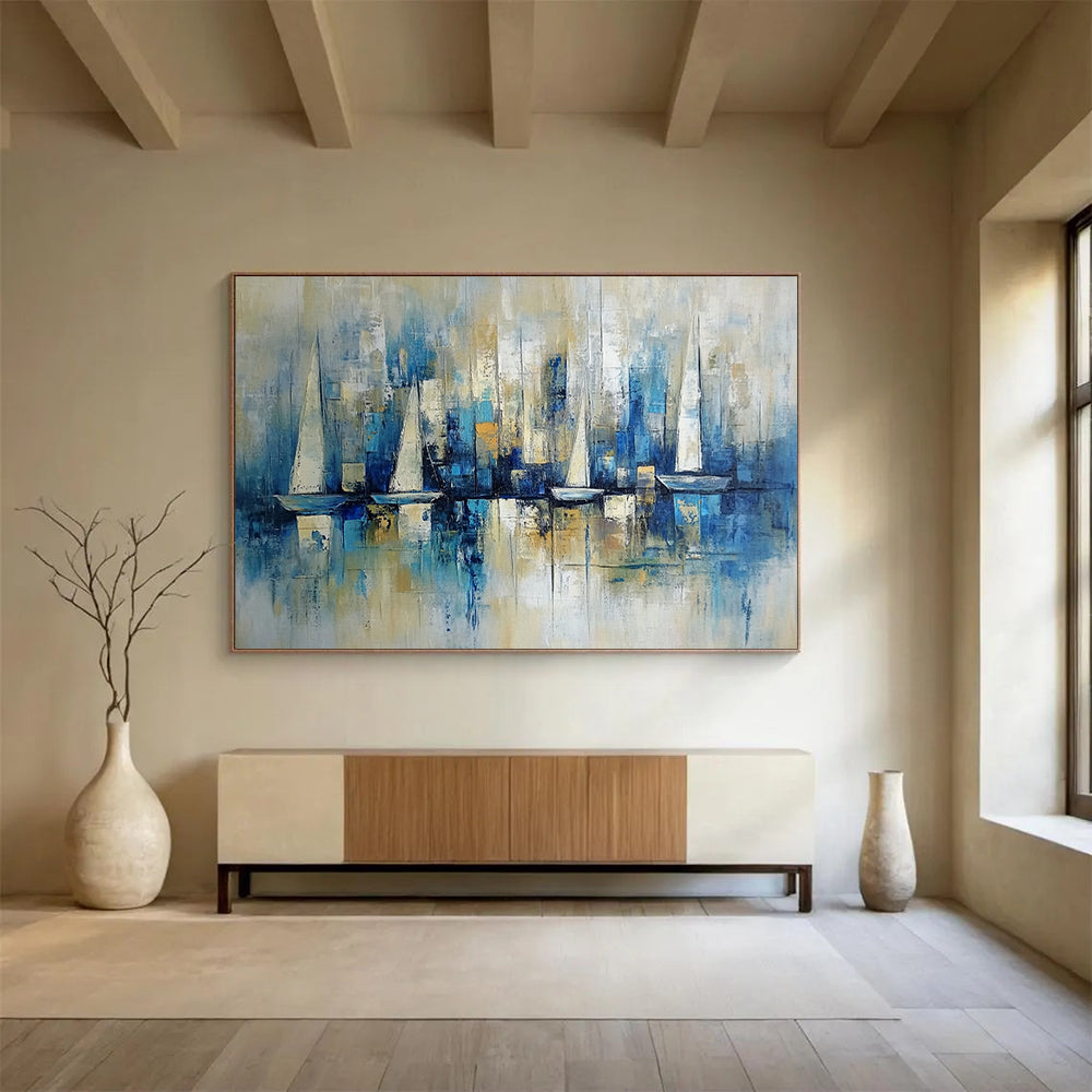 “Blue Sailboat Skyline” - Blue, Beige, White, Abstract Harbor - Impressionist Oil Painting HB1498