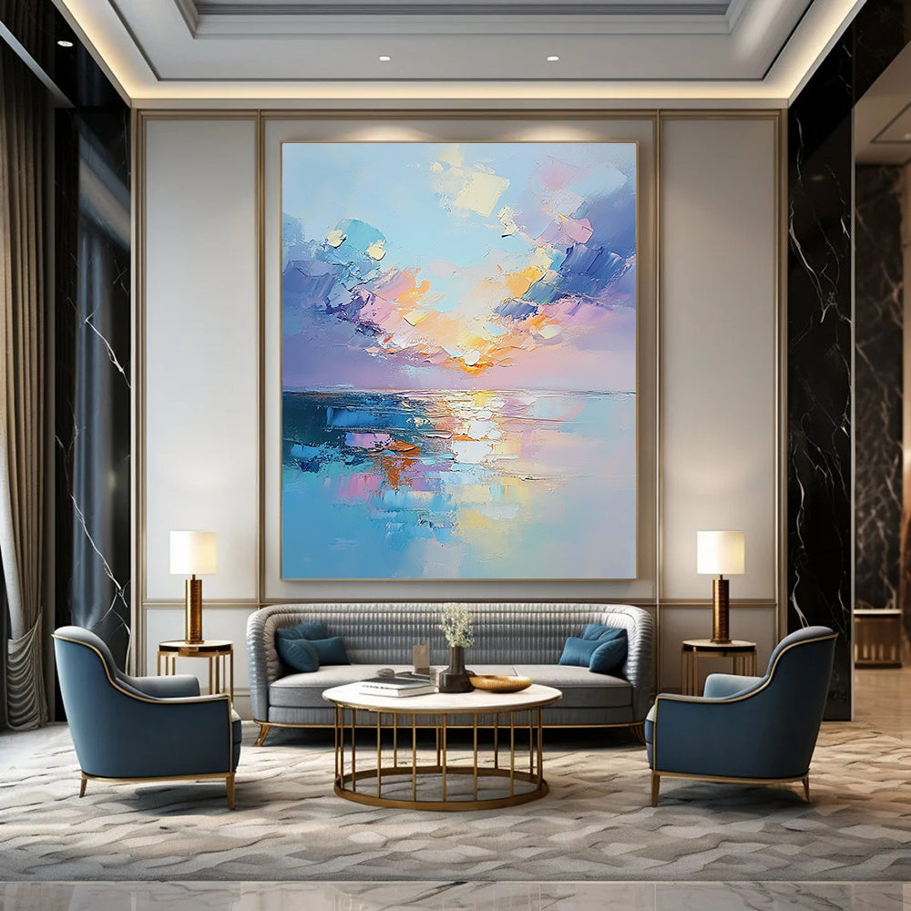 Contemporary hand-painted abstract artwork capturing a serene sunset over the sea with textured clouds and soft reflections in pastel colors. DLZ1684