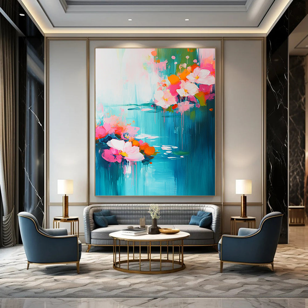 Contemporary abstract artwork featuring vibrant pink and turquoise flowers with serene water lilies, evoking springtime essence through soft brushstrokes and depth. DLZ0378