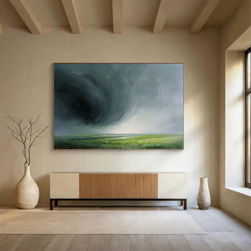 “Stormy Green Horizon” - Dark gray storm, lush green field, Dramatic Landscape Painting On Canvas HB0579