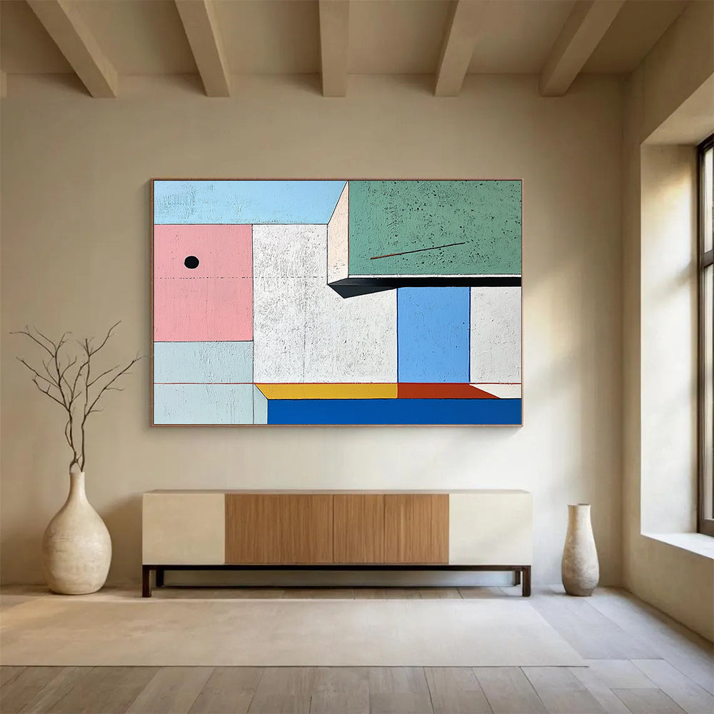 “Geometric Color Blocks” - Pink, Green, Blue, Cubist Geometric Painting On Canvas HB0707