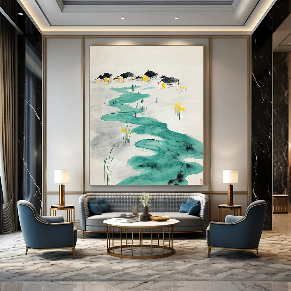 Contemporary hand-painted abstract art features turquoise ripples leading to village houses with yellow figures at an oasis surrounded by serene water lilies. DLZ1565