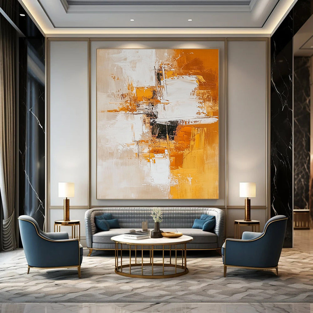 Contemporary hand-painted abstract artwork featuring white and amber tones with geometric shapes creating depth and calmness on a light orange background. DLZ0777