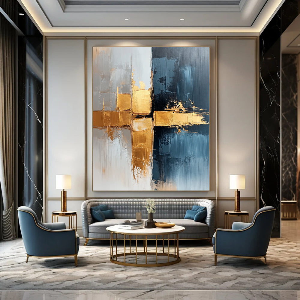 Contemporary hand-painted abstract art featuring a luxurious blend of white and gold tones with gray-blue gradients and striking brushstrokes for a unique visual experience. DLZ0778