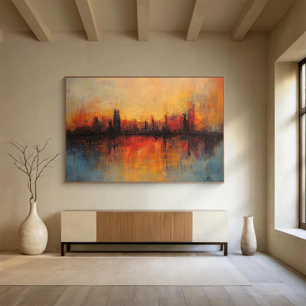 “Sunset City Reflection” - Orange, Red, Blue, Abstract City Sunset Reflection HB1135