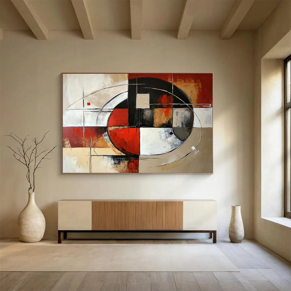 “Circular Geometric Abstract” - Red, black, white, beige, gray; Circular and linear geometric abstract; Acrylic Painting On Canvas HB1242