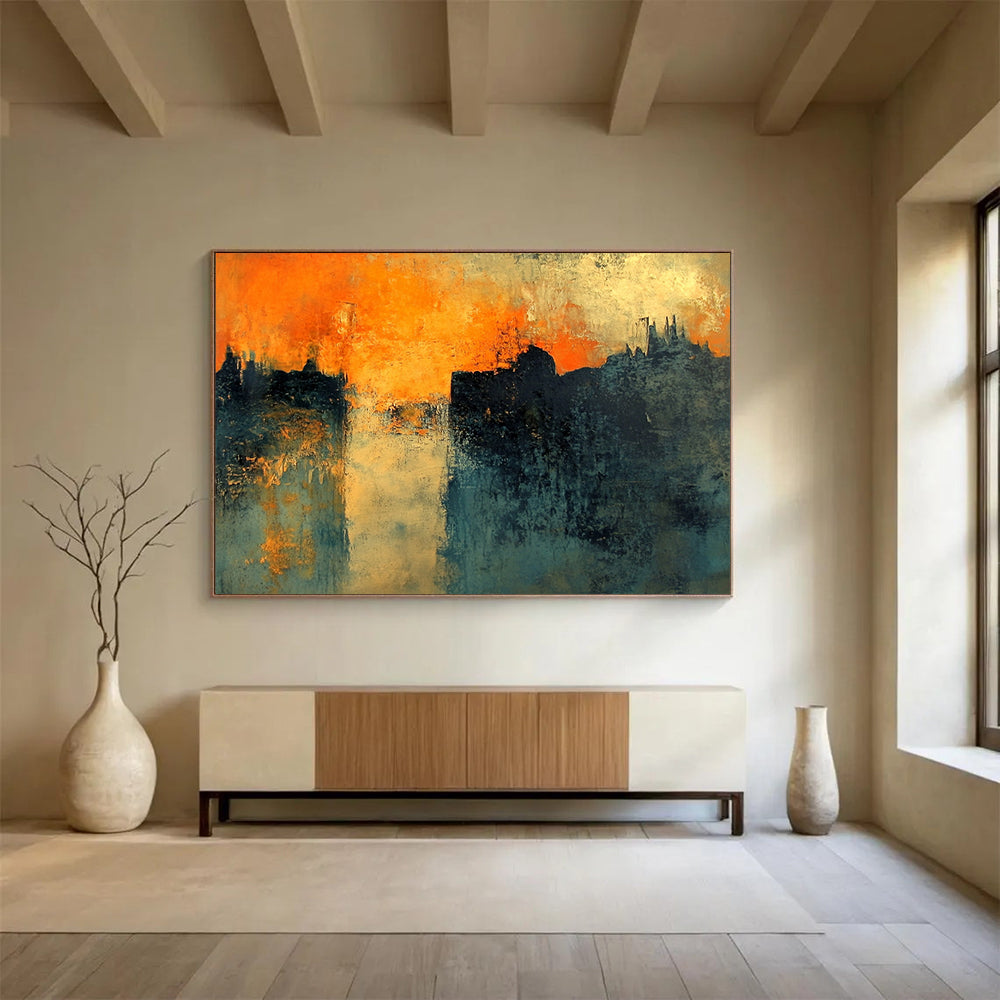 “Orange Sunset City Silhouette” - Orange, Blue, Black, Abstract Dramatic City Sunset Painting On Canvas HB1095