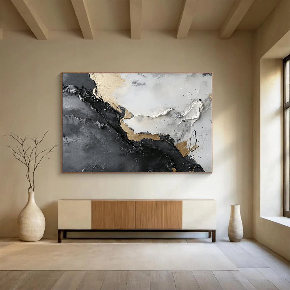 Textured Gray, Black, and Gold Abstract - Luxe Impasto Painting On Canvas HB0494