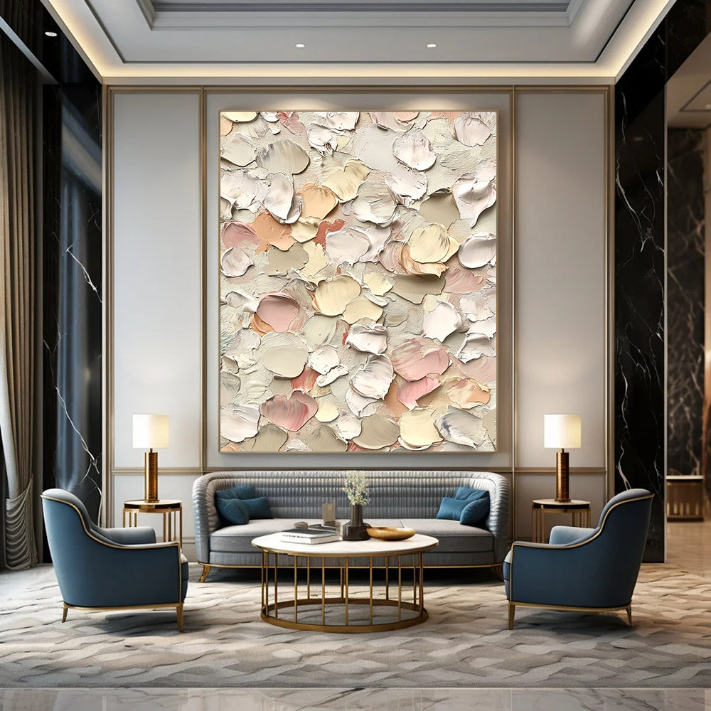 Large contemporary hand-painted abstract art featuring small flowers in cream and pink hues with thick impasto texture against a white background. DLZ0641