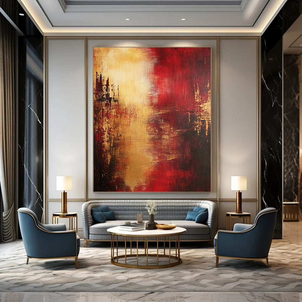 Contemporary hand-painted abstract artwork features atmospheric reds and yellows with an impressionistic cityscape embodying emotional depth and dramatic lighting. DLZ0693